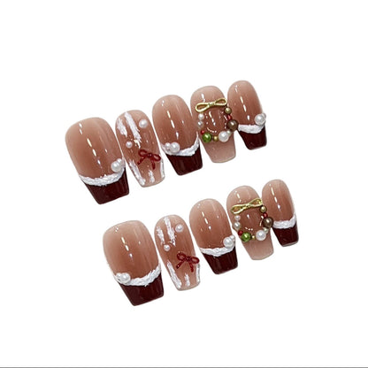 "Festive Ribbon" | Handcrafted Red French Tip Press-On Nails with Sweet Bowknots