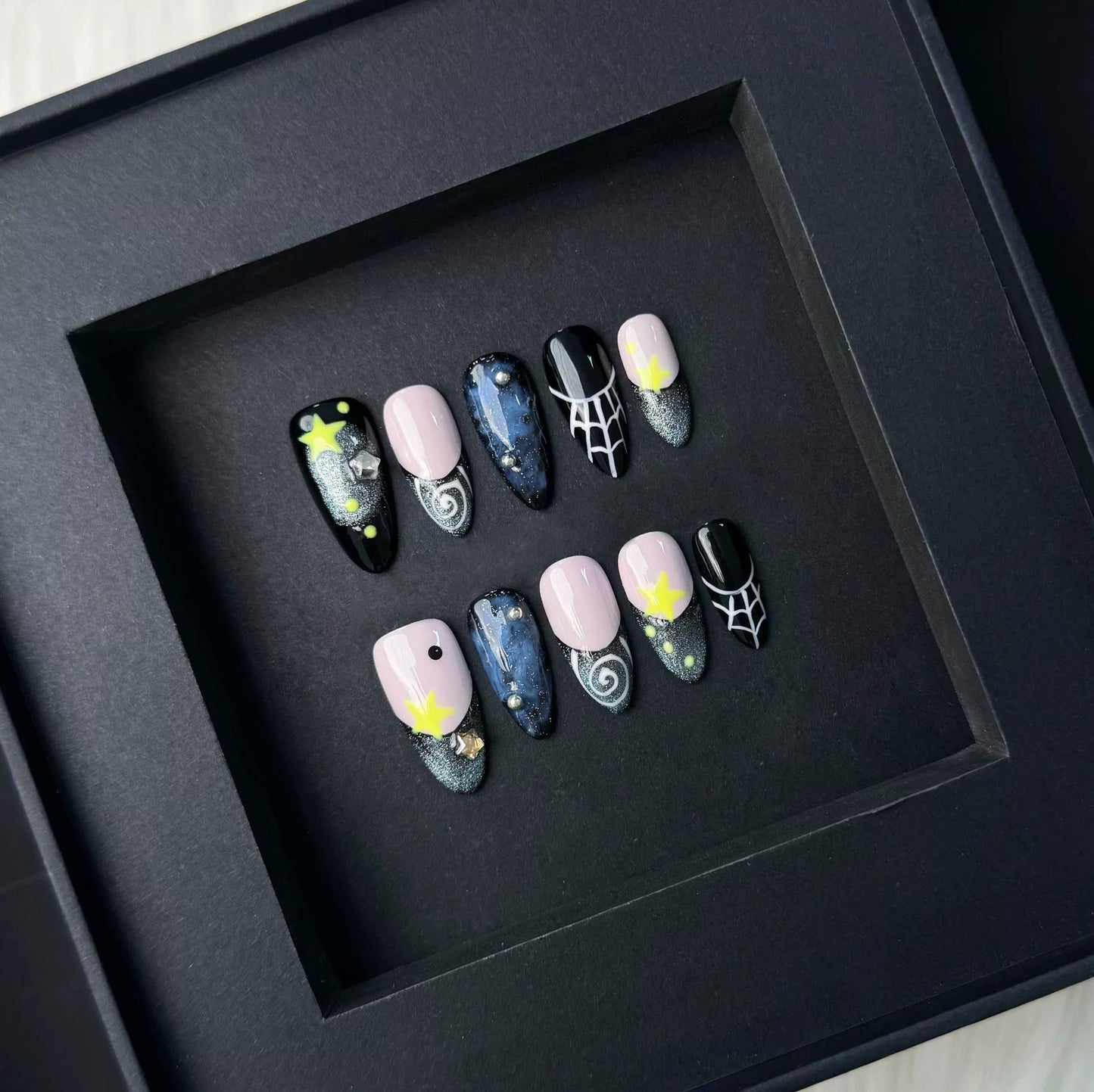 Chic Artisan Press on Nails Set | Cherry Red, Hand-Painted Florals & Starry Night Almond Nails
