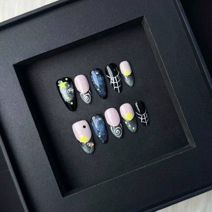 Chic Artisan Press on Nails Set | Cherry Red, Hand-Painted Florals & Starry Night Almond Nails