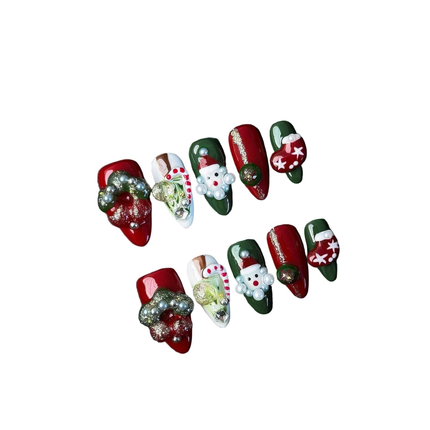 "Santa’s Workshop" | Handcrafted 3D Christmas Press-On Nails - Festive Green & Red Art