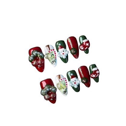 "Santa’s Workshop" | Handcrafted 3D Christmas Press-On Nails - Festive Green & Red Art