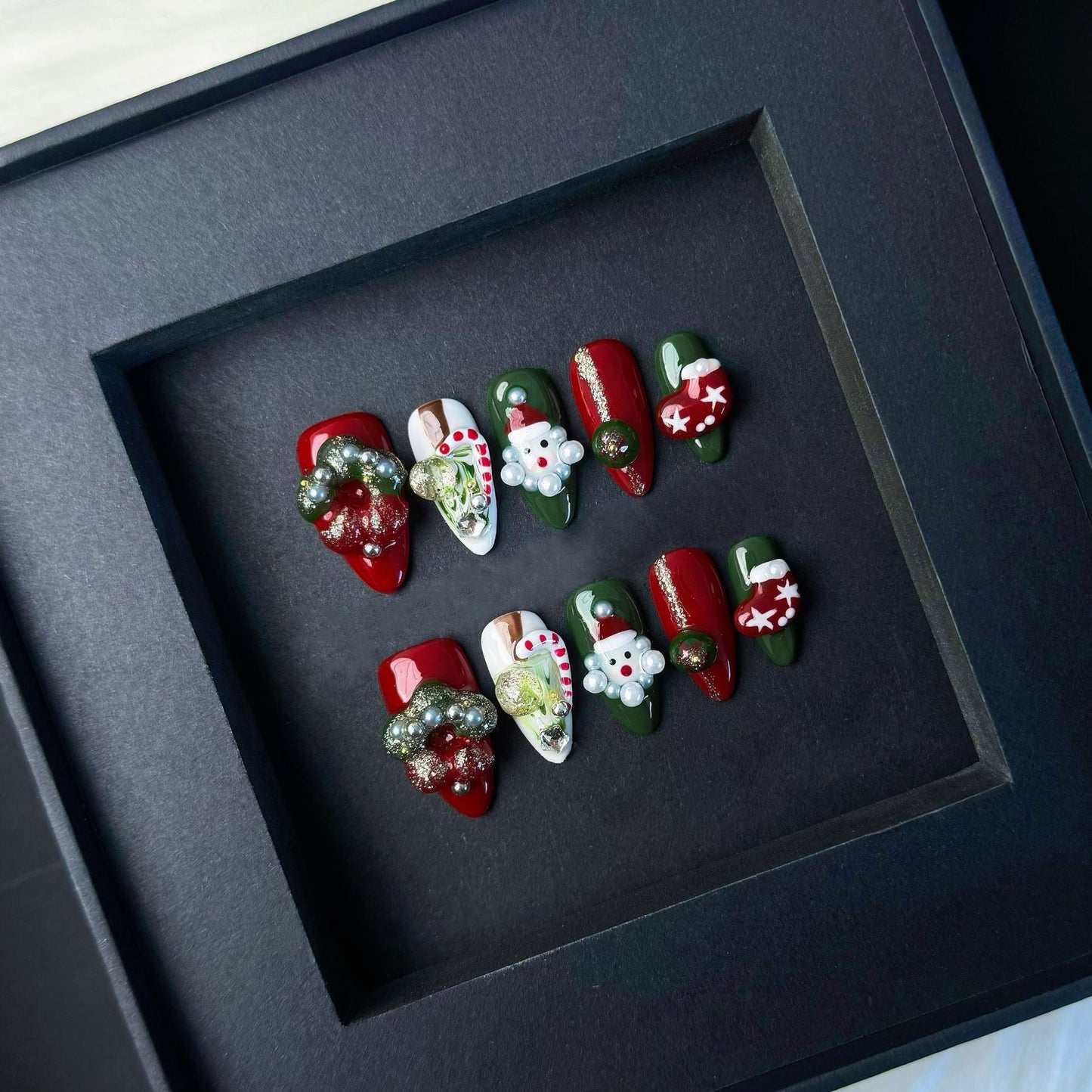 "Santa’s Workshop" | Handcrafted 3D Christmas Press-On Nails - Festive Green & Red Art