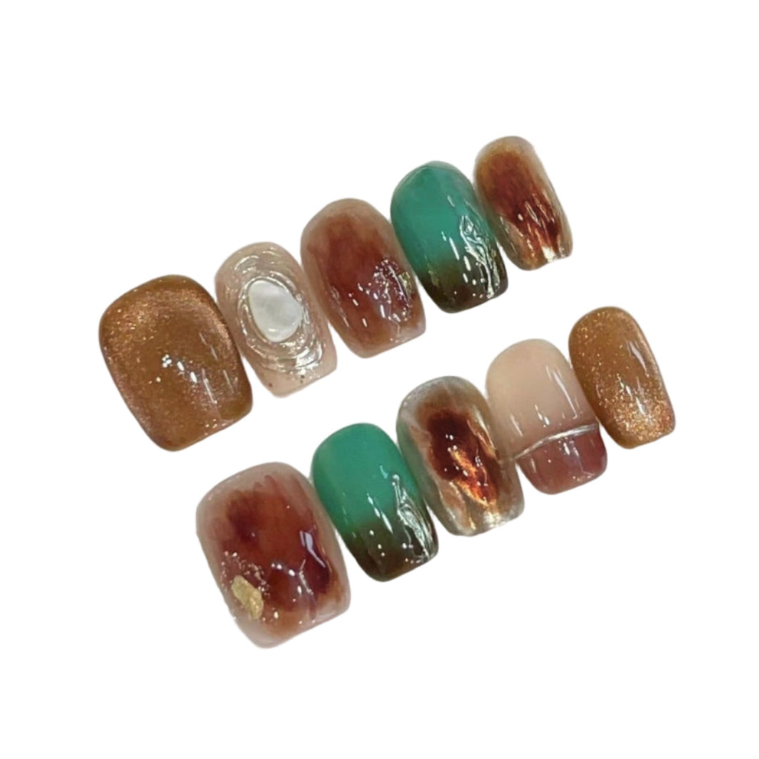 Handcrafted Light Luxury Press-On Nails - 3D Metallic Art & Amber Smudge Gel | Ultra Short Coffin Retro Collection