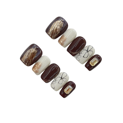 Handcrafted Light Luxury Press-On Nails - 3D Metallic Art & Amber Smudge Gel | Ultra Short Coffin Retro Collection