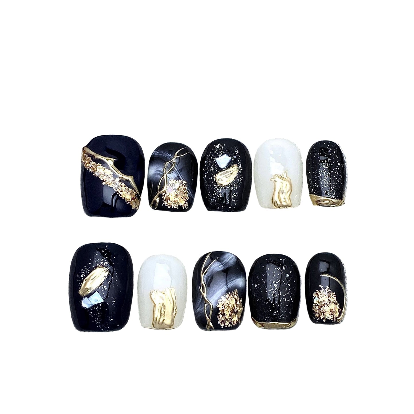 Handcrafted Light Luxury Press-On Nails - 3D Metallic Art & Amber Smudge Gel | Ultra Short Coffin Retro Collection