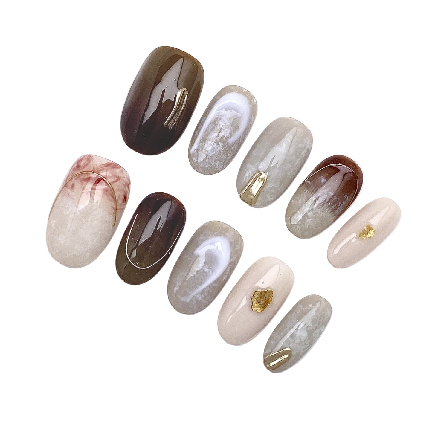 Vintage Smudge Oil Painting Press on Nails | Handmade Earth Tone Marble & Gold Foil Short Oval Nails