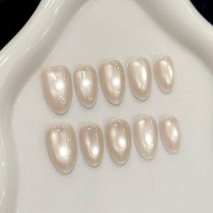 Handcrafted Moonlight Cat-Eye Press-On Nails - Shimmering Jelly Magnetic Gel | Short Almond