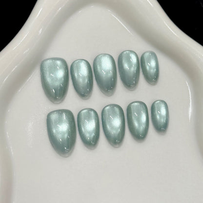 Handcrafted Moonlight Cat-Eye Press-On Nails - Shimmering Jelly Magnetic Gel | Short Almond